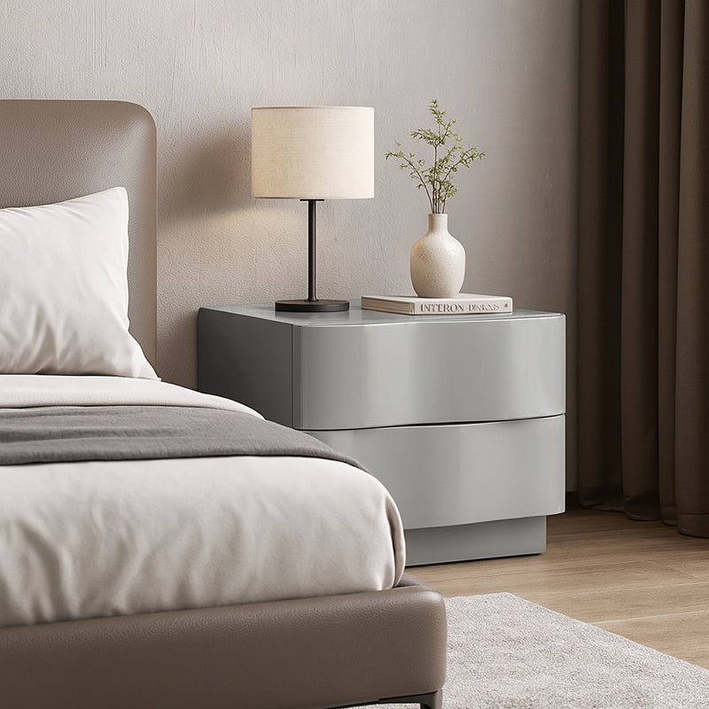 Contemporary Scandinavian Greige 2-Drawer Storage Nightstand - 3D Wave Pattern Drawers Bedside Table For Bedroom Lumendat