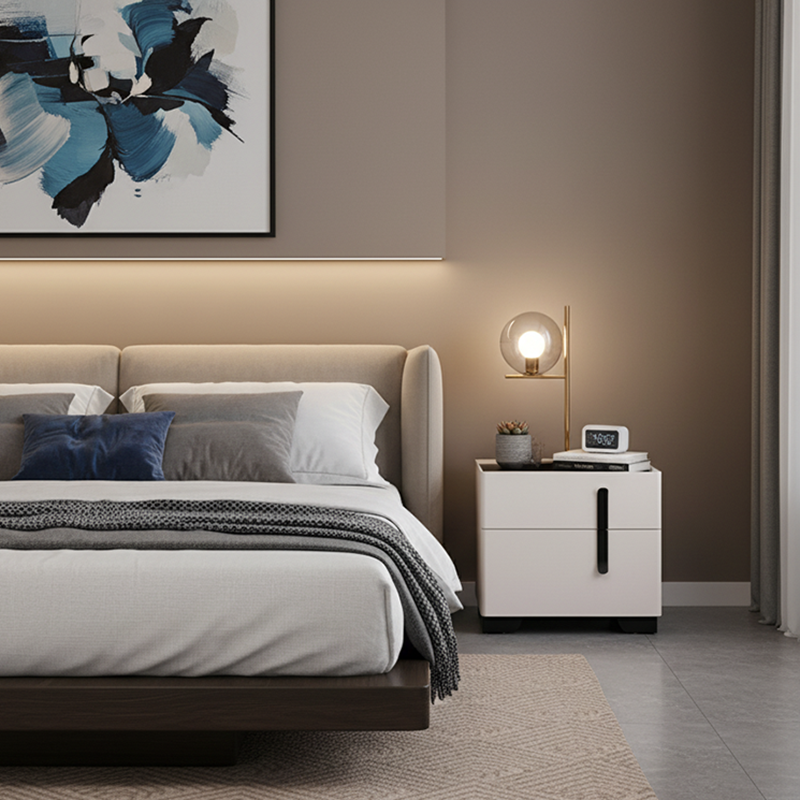 Contemporary Scandinavian Square Beige 2-Drawer Storage Nightstand - Minimalist Bedside Table For Bedroom Lumendat
