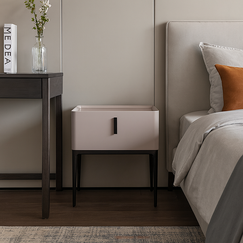 Contemporary Scandinavian Bedside Table - Square Beige 1-Drawer Storage Nightstand For Bedroom Lumendat