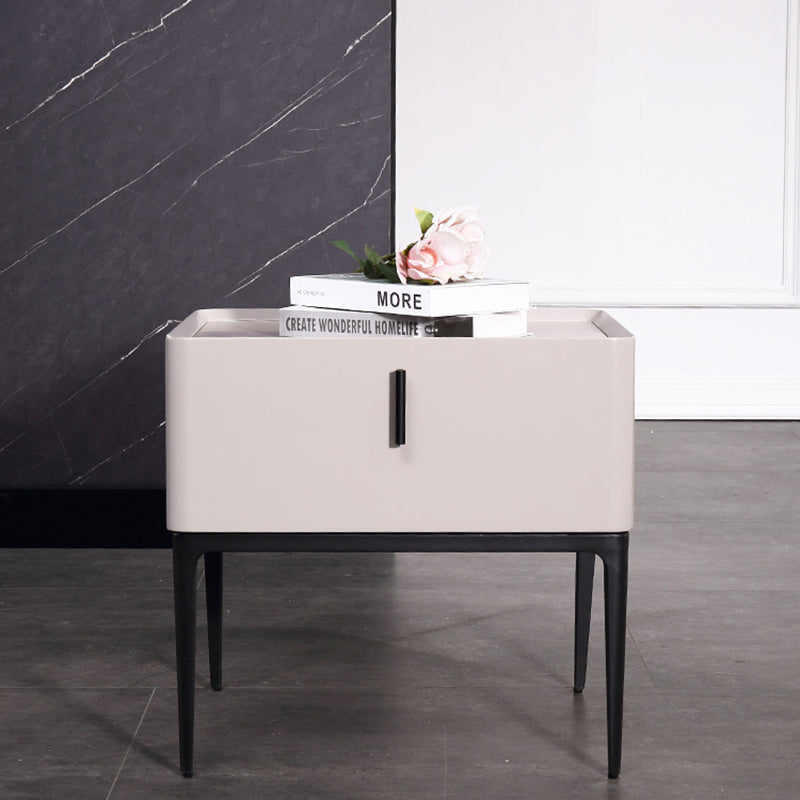 Contemporary Scandinavian Bedside Table - Square Beige 1-Drawer Storage Nightstand For Bedroom Lumendat