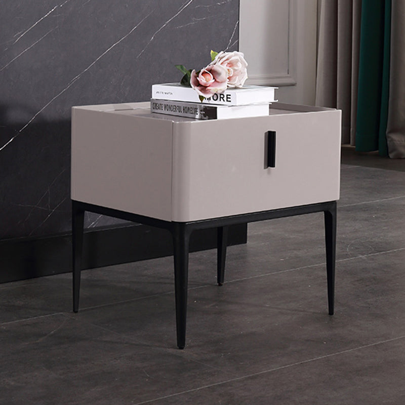 Contemporary Scandinavian Bedside Table - Square Beige 1-Drawer Storage Nightstand For Bedroom Lumendat