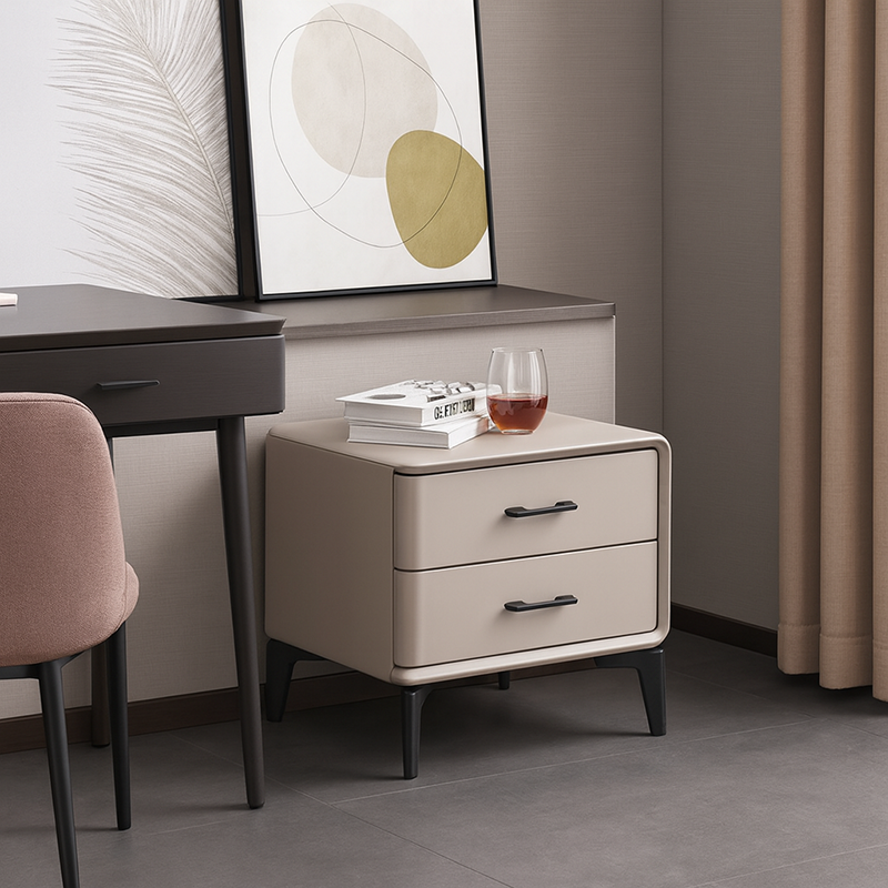 Modern Minimalist Light Beige 2-Drawer Storage Nightstand - Faux Leather Bedside Table For Bedroom Lumendat
