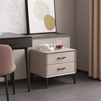 Modern Minimalist Light Beige 2-Drawer Storage Nightstand - Faux Leather Bedside Table For Bedroom Lumendat