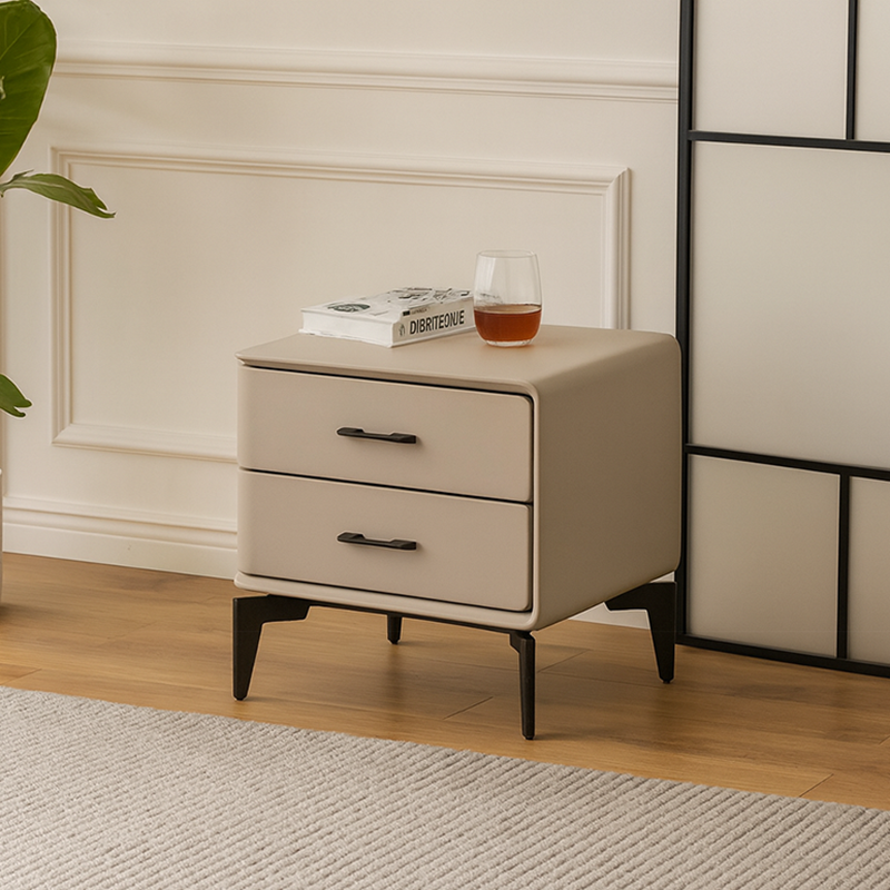 Modern Minimalist Light Beige 2-Drawer Storage Nightstand - Faux Leather Bedside Table For Bedroom Lumendat