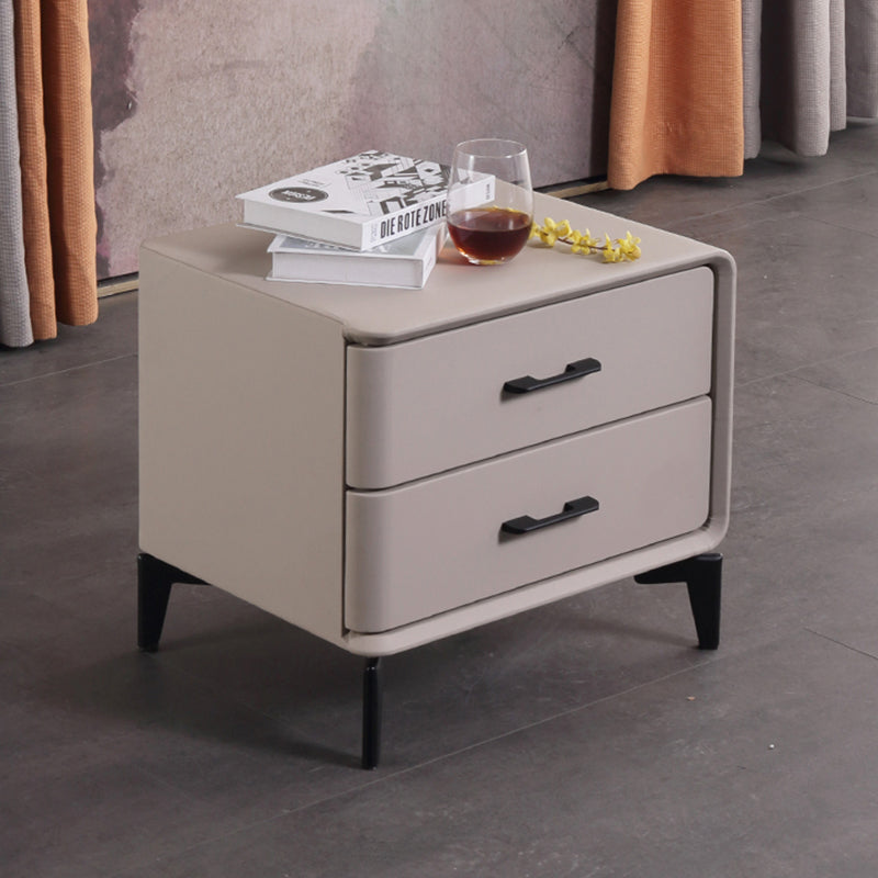 Modern Minimalist Light Beige 2-Drawer Storage Nightstand - Faux Leather Bedside Table For Bedroom Lumendat