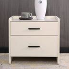 Contemporary Scandinavian Beige 2-Drawer Storage Nightstand - Stone Slab Top Bedside Table For Bedroom Lumendat