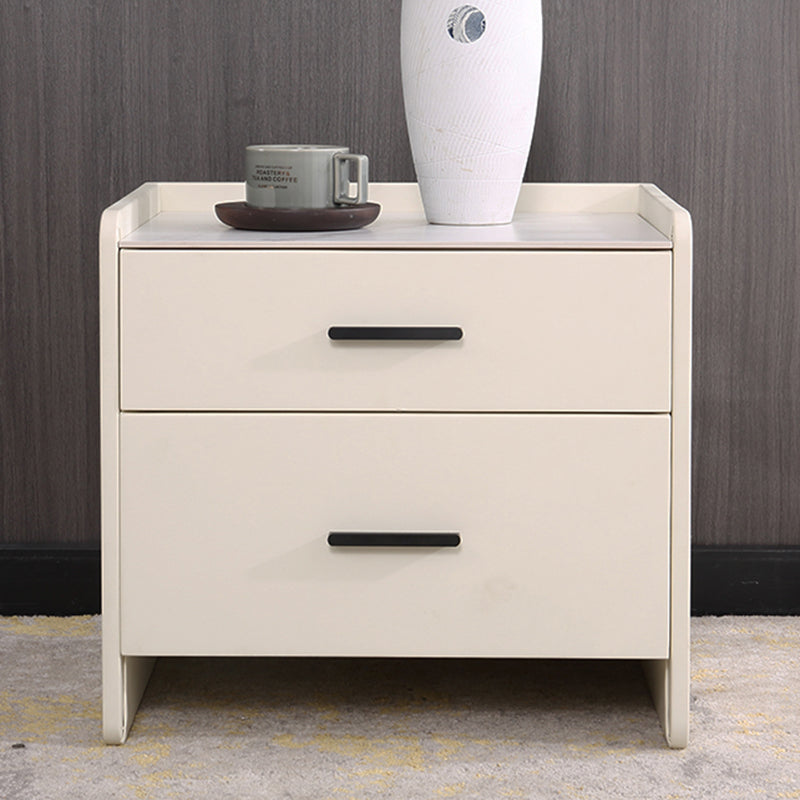 Contemporary Scandinavian Beige 2-Drawer Storage Nightstand - Stone Slab Top Bedside Table For Bedroom Lumendat