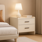 Contemporary Scandinavian Beige 2-Drawer Storage Nightstand - Stone Slab Top Bedside Table For Bedroom Lumendat
