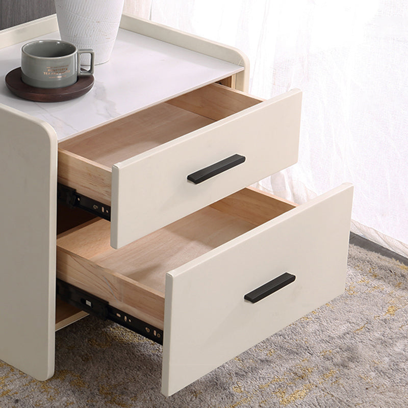 Contemporary Scandinavian Beige 2-Drawer Storage Nightstand - Stone Slab Top Bedside Table For Bedroom Lumendat