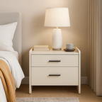 Contemporary Scandinavian Beige 2-Drawer Storage Nightstand - Stone Slab Top Bedside Table For Bedroom Lumendat