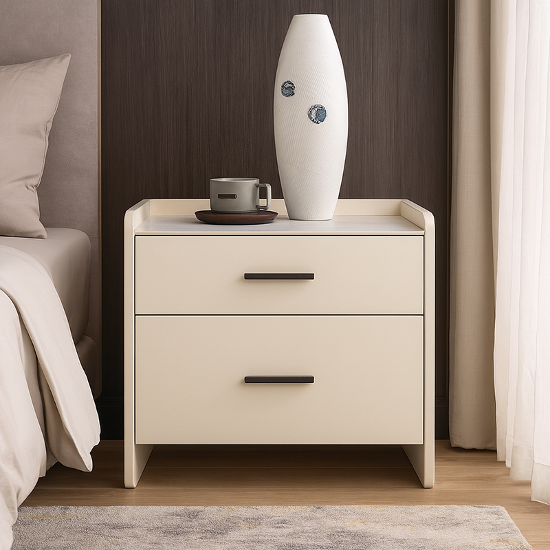 Contemporary Scandinavian Beige 2-Drawer Storage Nightstand - Stone Slab Top Bedside Table For Bedroom Lumendat