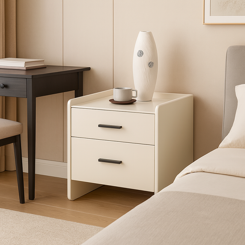 Contemporary Scandinavian Beige 2-Drawer Storage Nightstand - Stone Slab Top Bedside Table For Bedroom Lumendat