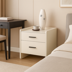 Contemporary Scandinavian Beige 2-Drawer Storage Nightstand - Stone Slab Top Bedside Table For Bedroom Lumendat