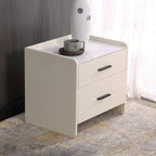 Contemporary Scandinavian Beige 2-Drawer Storage Nightstand - Stone Slab Top Bedside Table For Bedroom Lumendat