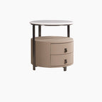 Modern Luxury Round 2-Drawer Storage Nightstand, Light Brown Faux Leather Stone Slab Top Bedside Table For Bedroom Lumendat