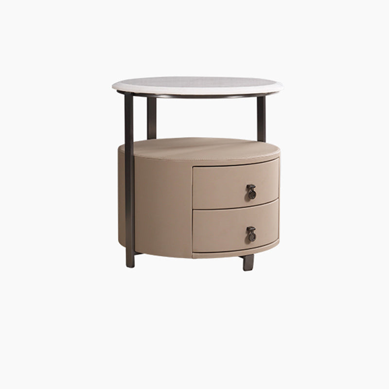 Modern Luxury Round 2-Drawer Storage Nightstand, Light Brown Faux Leather Stone Slab Top Bedside Table For Bedroom Lumendat