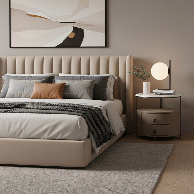 Modern Luxury Round 2-Drawer Storage Nightstand, Light Brown Faux Leather Stone Slab Top Bedside Table For Bedroom Lumendat