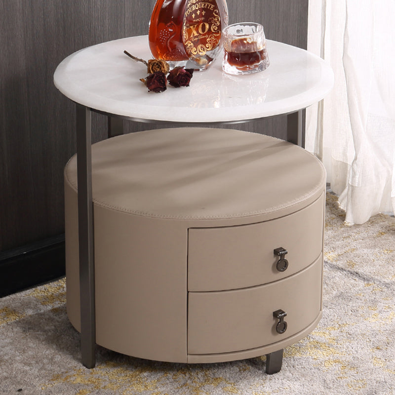 Modern Luxury Round 2-Drawer Storage Nightstand, Light Brown Faux Leather Stone Slab Top Bedside Table For Bedroom Lumendat