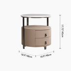 Modern Luxury Round 2-Drawer Storage Nightstand, Light Brown Faux Leather Stone Slab Top Bedside Table For Bedroom Lumendat