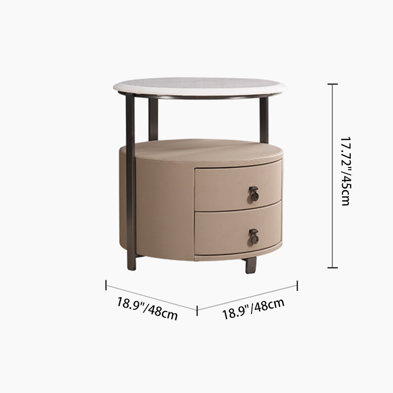 Modern Luxury Round 2-Drawer Storage Nightstand, Light Brown Faux Leather Stone Slab Top Bedside Table For Bedroom Lumendat