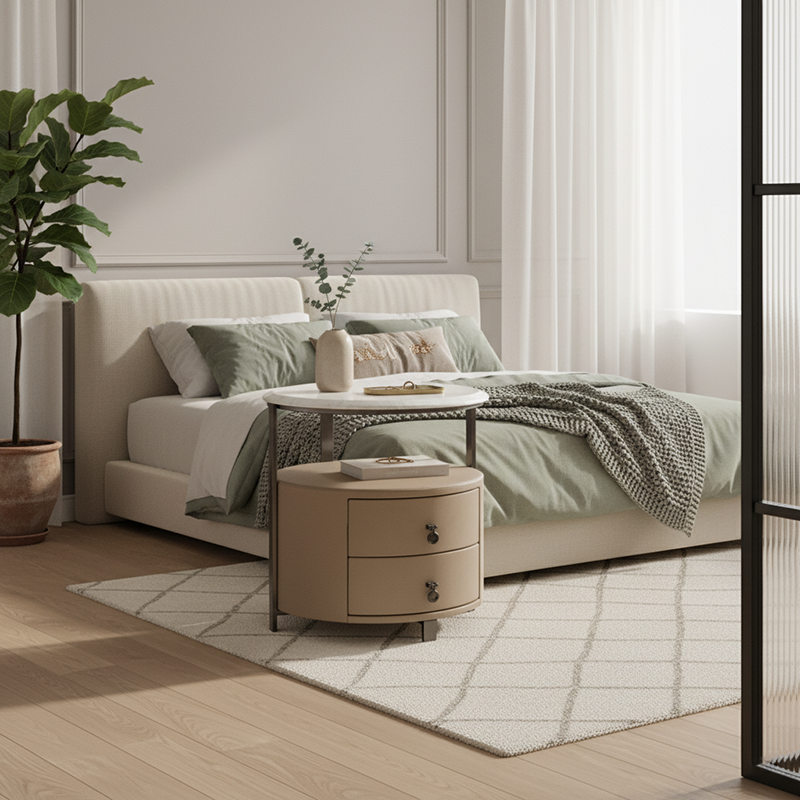 Modern Luxury Round 2-Drawer Storage Nightstand, Light Brown Faux Leather Stone Slab Top Bedside Table For Bedroom Lumendat