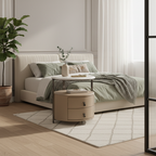 Modern Luxury Round 2-Drawer Storage Nightstand, Light Brown Faux Leather Stone Slab Top Bedside Table For Bedroom Lumendat