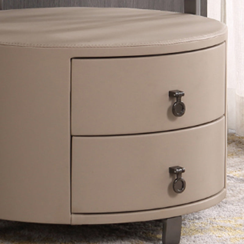 Modern Luxury Round 2-Drawer Storage Nightstand, Light Brown Faux Leather Stone Slab Top Bedside Table For Bedroom Lumendat