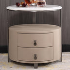 Modern Luxury Round 2-Drawer Storage Nightstand, Light Brown Faux Leather Stone Slab Top Bedside Table For Bedroom Lumendat