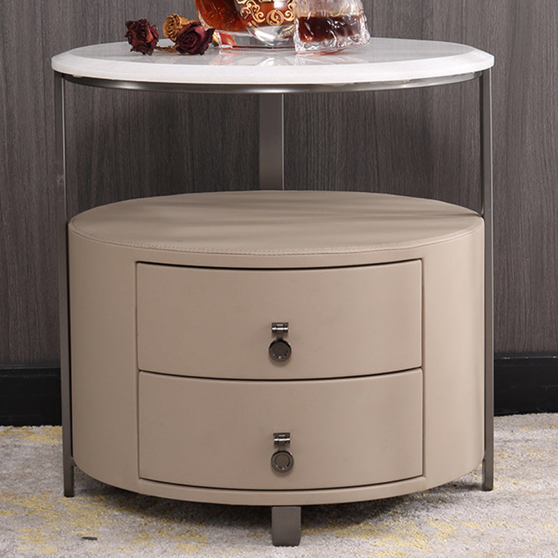 Modern Luxury Round 2-Drawer Storage Nightstand, Light Brown Faux Leather Stone Slab Top Bedside Table For Bedroom Lumendat