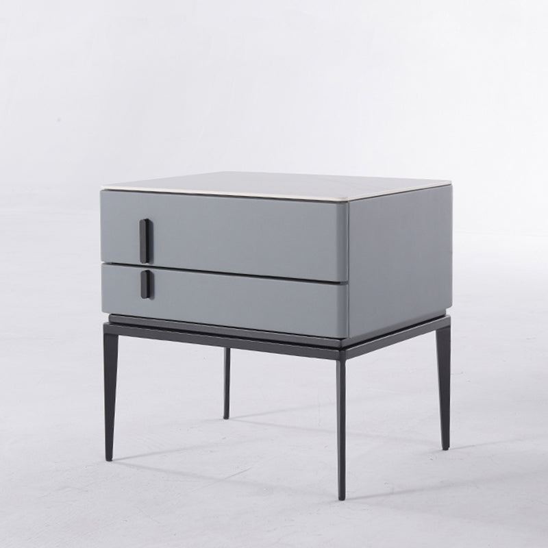 Modern Minimalist Gray Faux Leather 2-Drawer Storage Nightstand - Iron Leg Bedside Table For Bedroom Lumendat