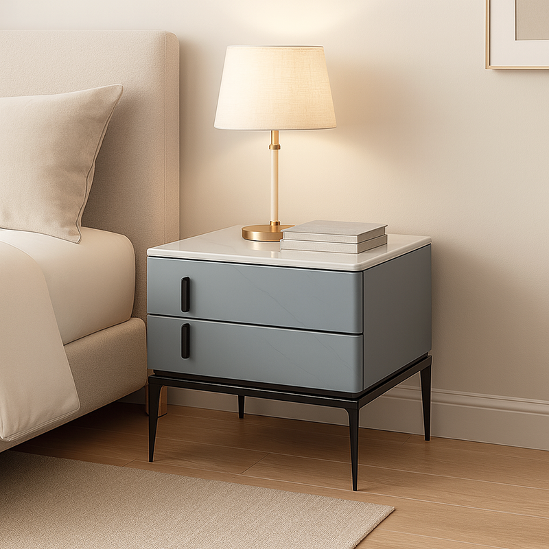 Modern Minimalist Gray Faux Leather 2-Drawer Storage Nightstand - Iron Leg Bedside Table For Bedroom Lumendat