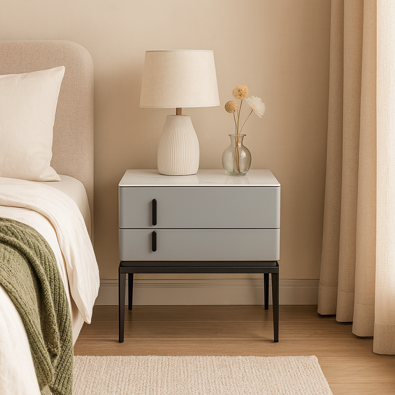 Modern Minimalist Gray Faux Leather 2-Drawer Storage Nightstand - Iron Leg Bedside Table For Bedroom Lumendat