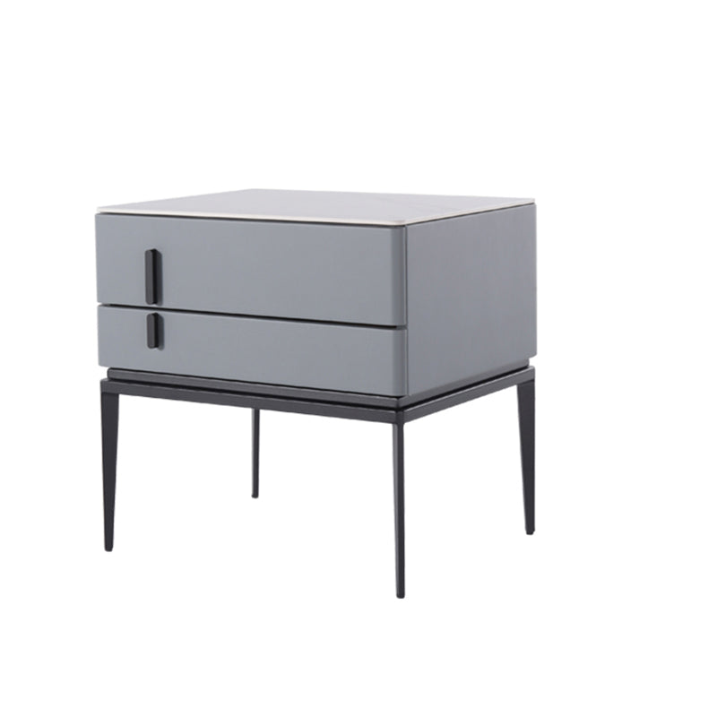 Modern Minimalist Gray Faux Leather 2-Drawer Storage Nightstand - Iron Leg Bedside Table For Bedroom Lumendat