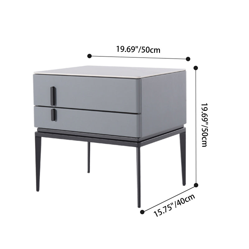 Modern Minimalist Gray Faux Leather 2-Drawer Storage Nightstand - Iron Leg Bedside Table For Bedroom Lumendat