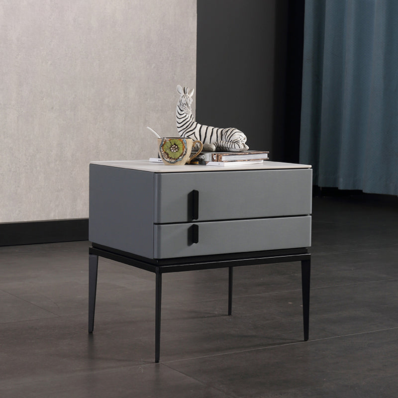 Modern Minimalist Gray Faux Leather 2-Drawer Storage Nightstand - Iron Leg Bedside Table For Bedroom Lumendat