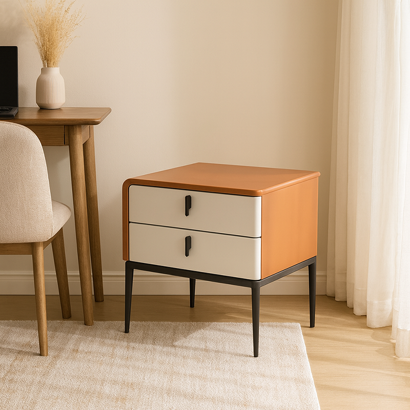 Modern Luxury Orange Faux Leather 2-Drawer Storage Nightstand - Matte Finish Bedside Table For Bedroom Lumendat
