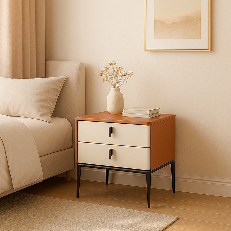 Modern Luxury Orange Faux Leather 2-Drawer Storage Nightstand - Matte Finish Bedside Table For Bedroom Lumendat