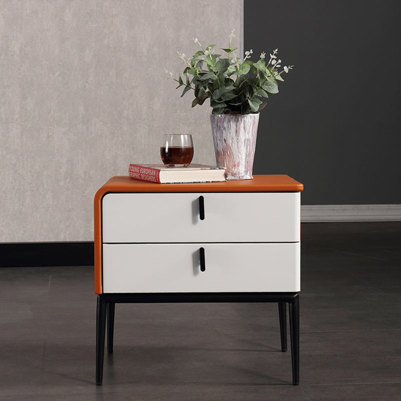 Modern Luxury Orange Faux Leather 2-Drawer Storage Nightstand - Matte Finish Bedside Table For Bedroom Lumendat