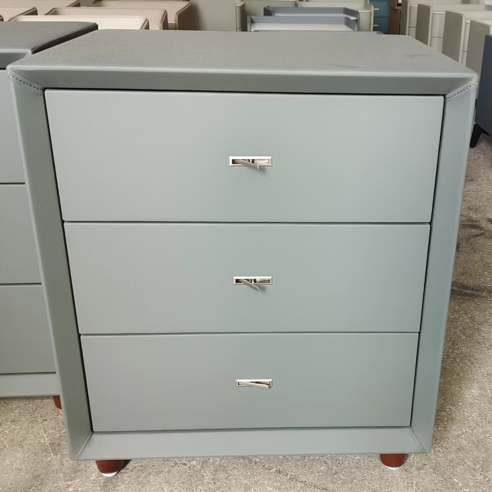 Contemporary Scandinavian Dusty Blue 3-Drawer Nightstand - Matte Faux Leather Bedside Table Minimalist Storage Cabinet For Bedroom Lumendat