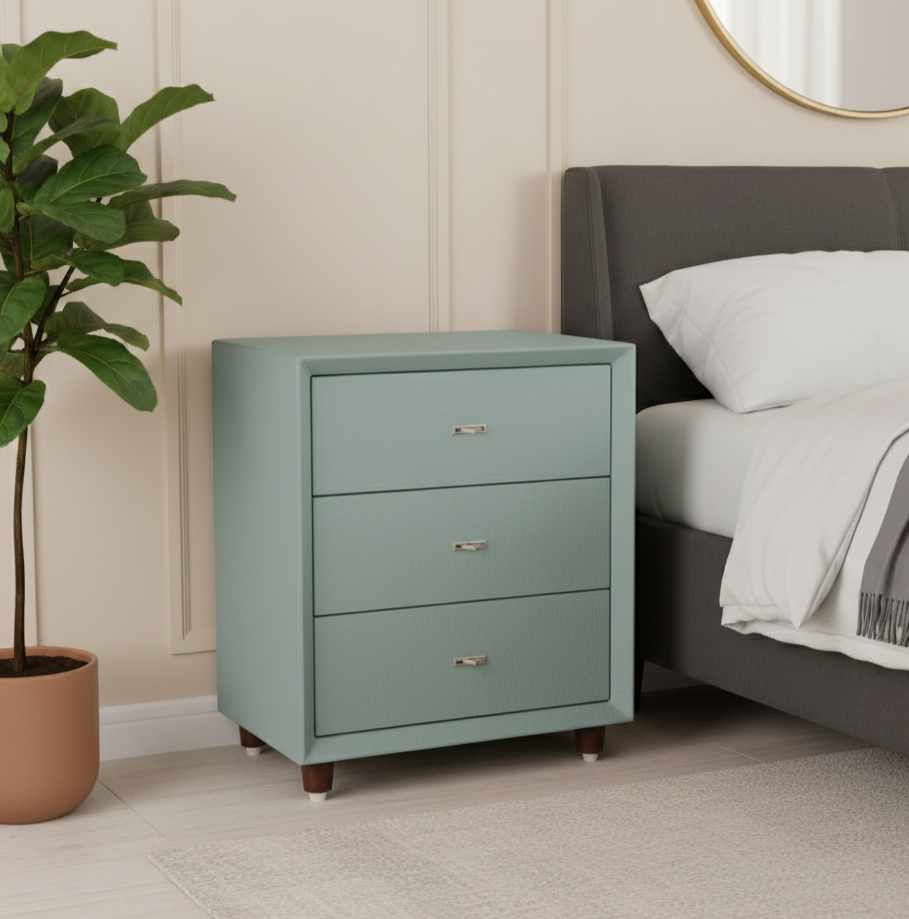 Contemporary Scandinavian Dusty Blue 3-Drawer Nightstand - Matte Faux Leather Bedside Table Minimalist Storage Cabinet For Bedroom Lumendat