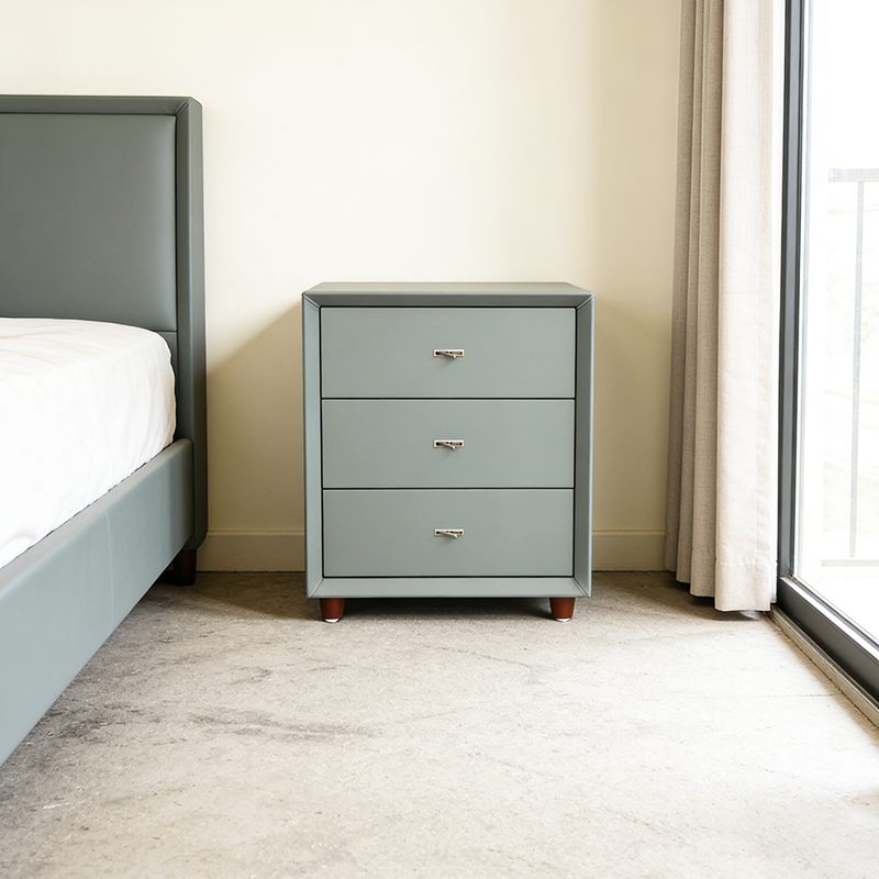 Contemporary Scandinavian Dusty Blue 3-Drawer Nightstand - Matte Faux Leather Bedside Table Minimalist Storage Cabinet For Bedroom Lumendat