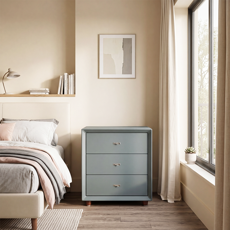 Contemporary Scandinavian Dusty Blue 3-Drawer Nightstand - Matte Faux Leather Bedside Table Minimalist Storage Cabinet For Bedroom Lumendat