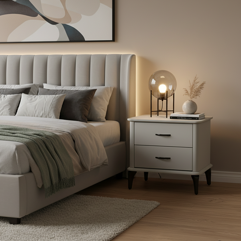 Modern Minimalist 2-Drawer Storage Nightstand - Cream PVC Faux Leather Bedside Table For Bedroom Lumendat