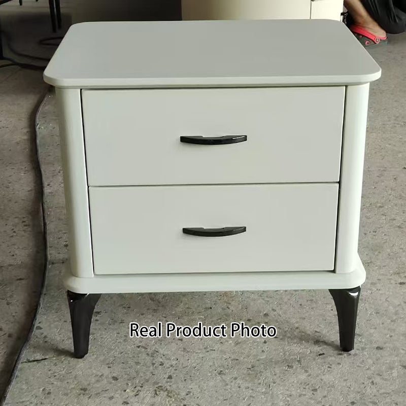Modern Minimalist 2-Drawer Storage Nightstand - Cream PVC Faux Leather Bedside Table For Bedroom Lumendat