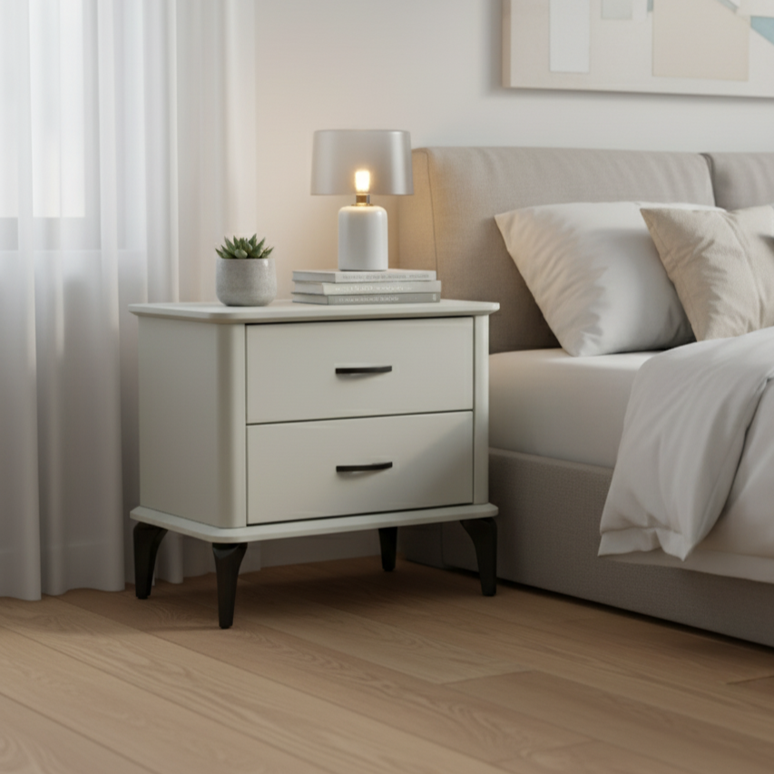 Modern Minimalist 2-Drawer Storage Nightstand - Cream PVC Faux Leather Bedside Table For Bedroom Lumendat