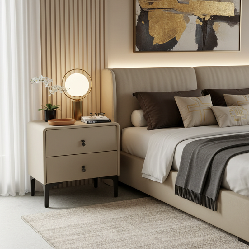 Contemporary Scandinavian Storage Nightstand - Cream Faux Leather Dual Drawer Bedside Table For Bedroom Lumendat