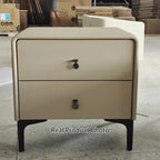 Contemporary Scandinavian Storage Nightstand - Cream Faux Leather Dual Drawer Bedside Table For Bedroom Lumendat