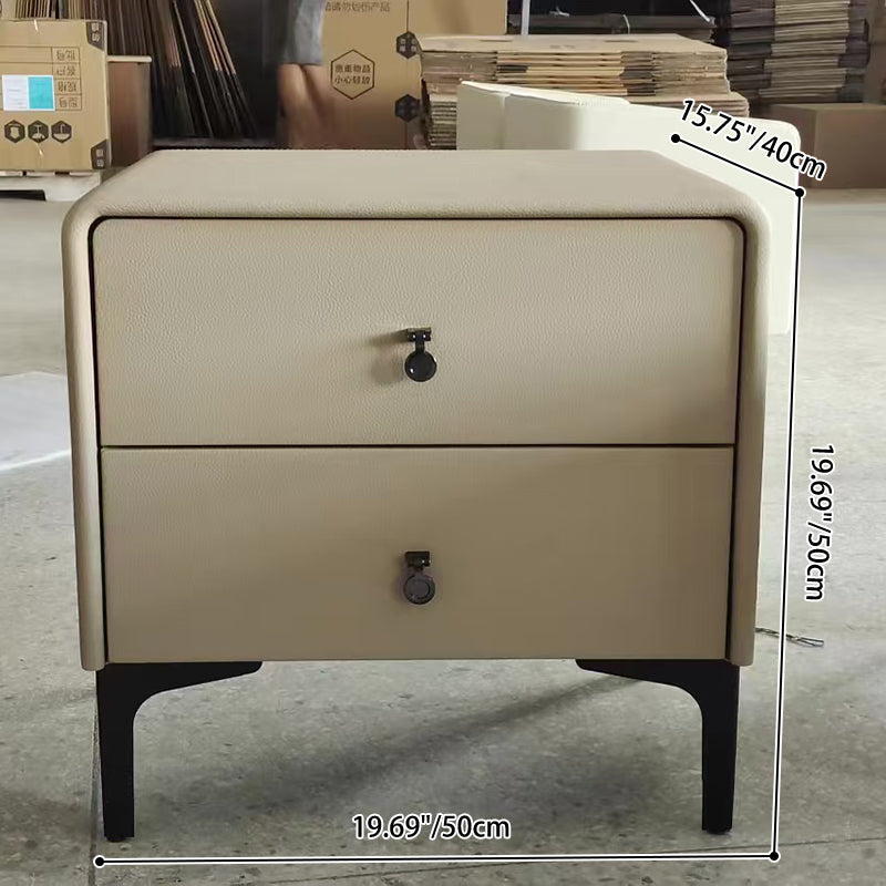 Contemporary Scandinavian Storage Nightstand - Cream Faux Leather Dual Drawer Bedside Table For Bedroom Lumendat