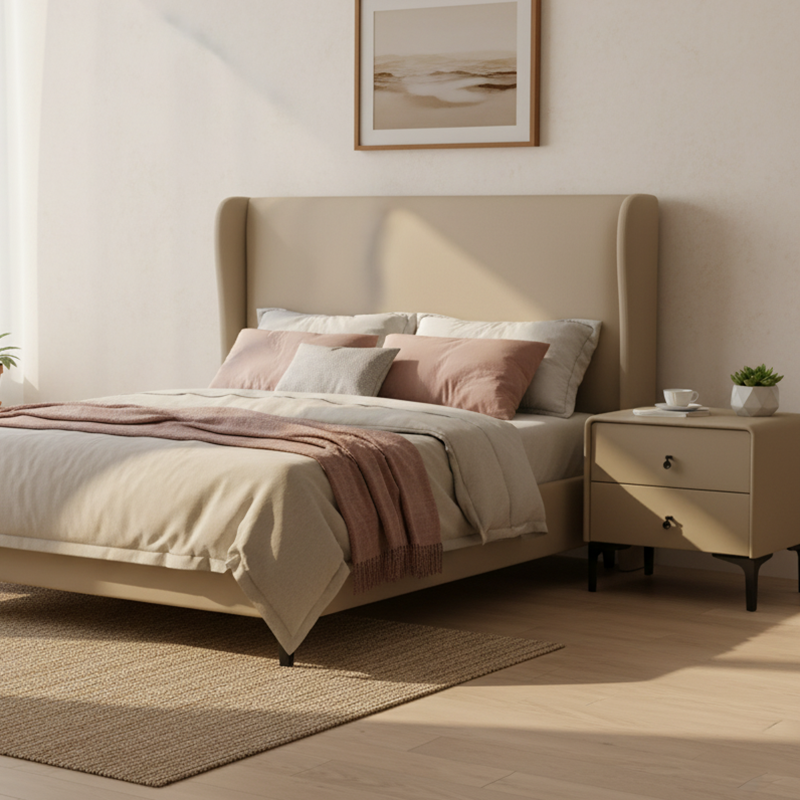Contemporary Scandinavian Storage Nightstand - Cream Faux Leather Dual Drawer Bedside Table For Bedroom Lumendat