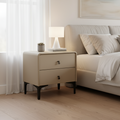 Contemporary Scandinavian Storage Nightstand - Cream Faux Leather Dual Drawer Bedside Table For Bedroom Lumendat
